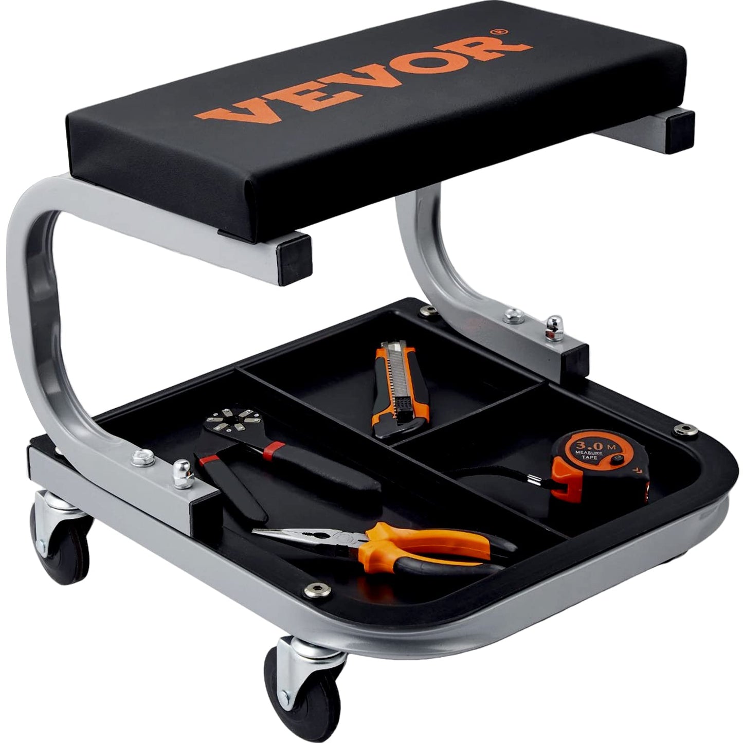 Rolling Creeper Seat – Garage Shop Stool – 250LB Capacity Padded Mechanic Seat – Tool Tray Storage – Automotive Repair Workshop Stool