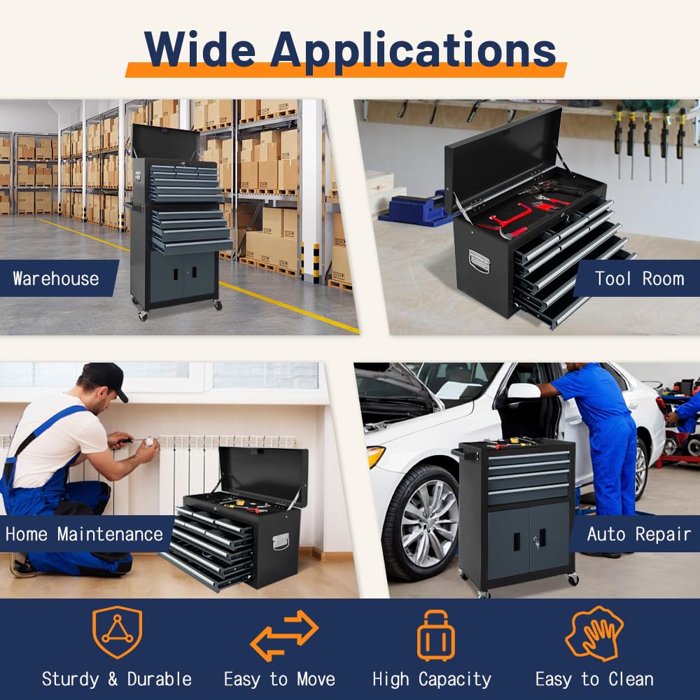 Rolling Tool Chest – 13 Drawer – 2-in-1 Detachable Cabinet – Metal Storage Toolbox – Lockable Wheels – Garage Workshop Tool Storage Cabinet
