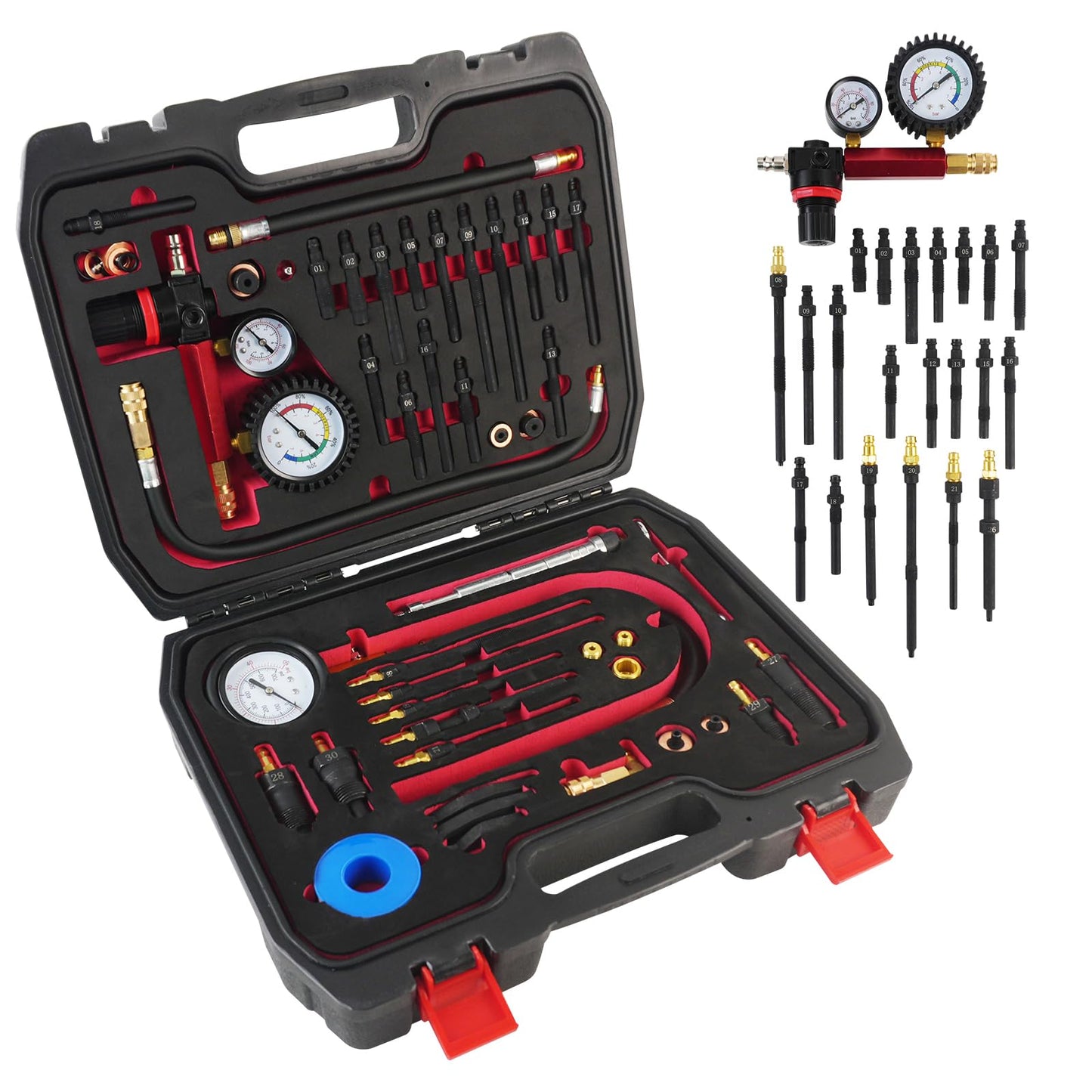 Engine Compression & Leak Down Tester Kit – 47PCS Dual Gauge Compression Tester – Petrol & Diesel Cylinder Leak Test Tool – Automotive Engine Diagnostic Set – HDI TDCi Pumpe Duse Compatible