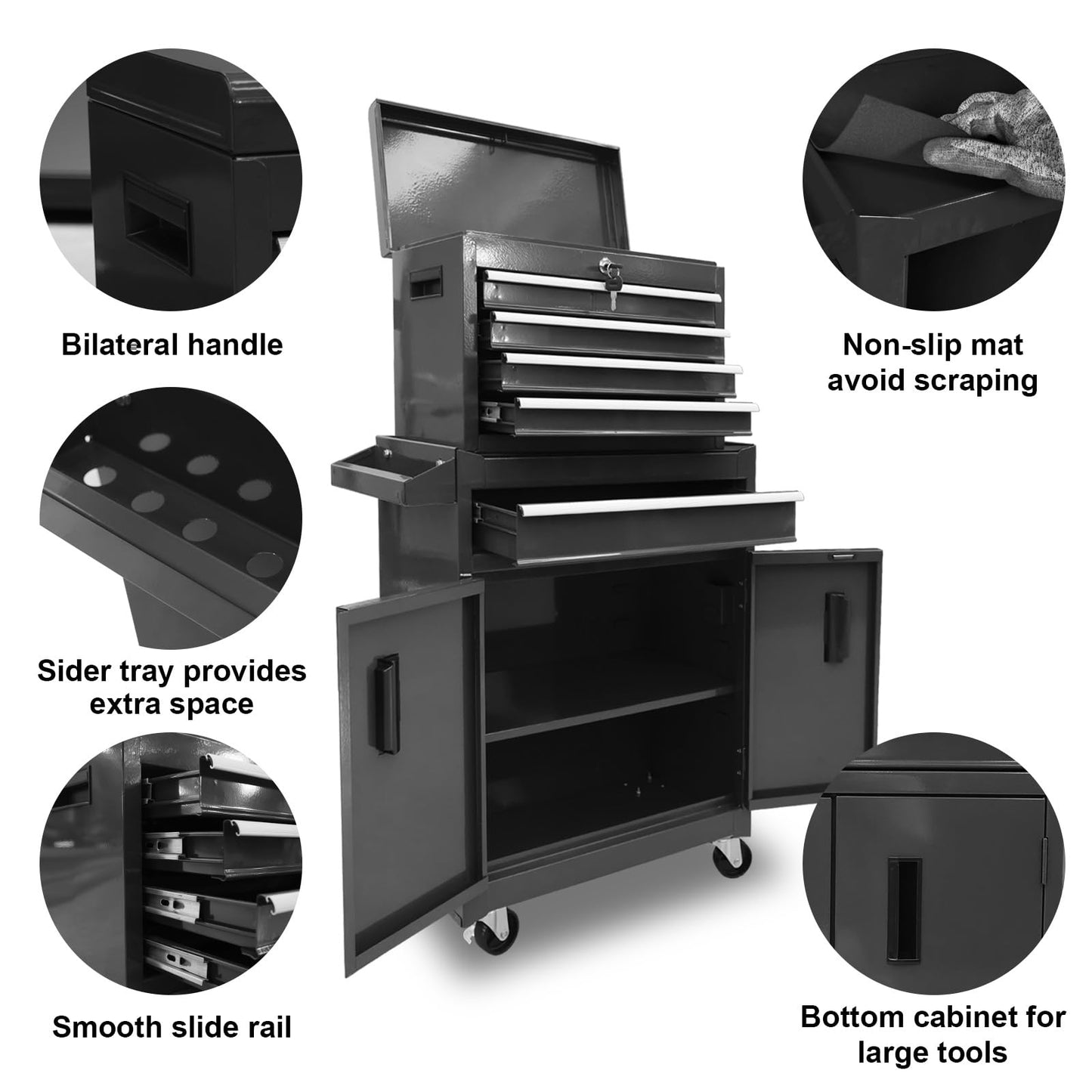 Rolling Tool Chest – 5 Drawer Metal Tool Box – Lockable Wheels – Removable Top Cabinet – Adjustable Shelf – Garage Workshop Storage Cabinet