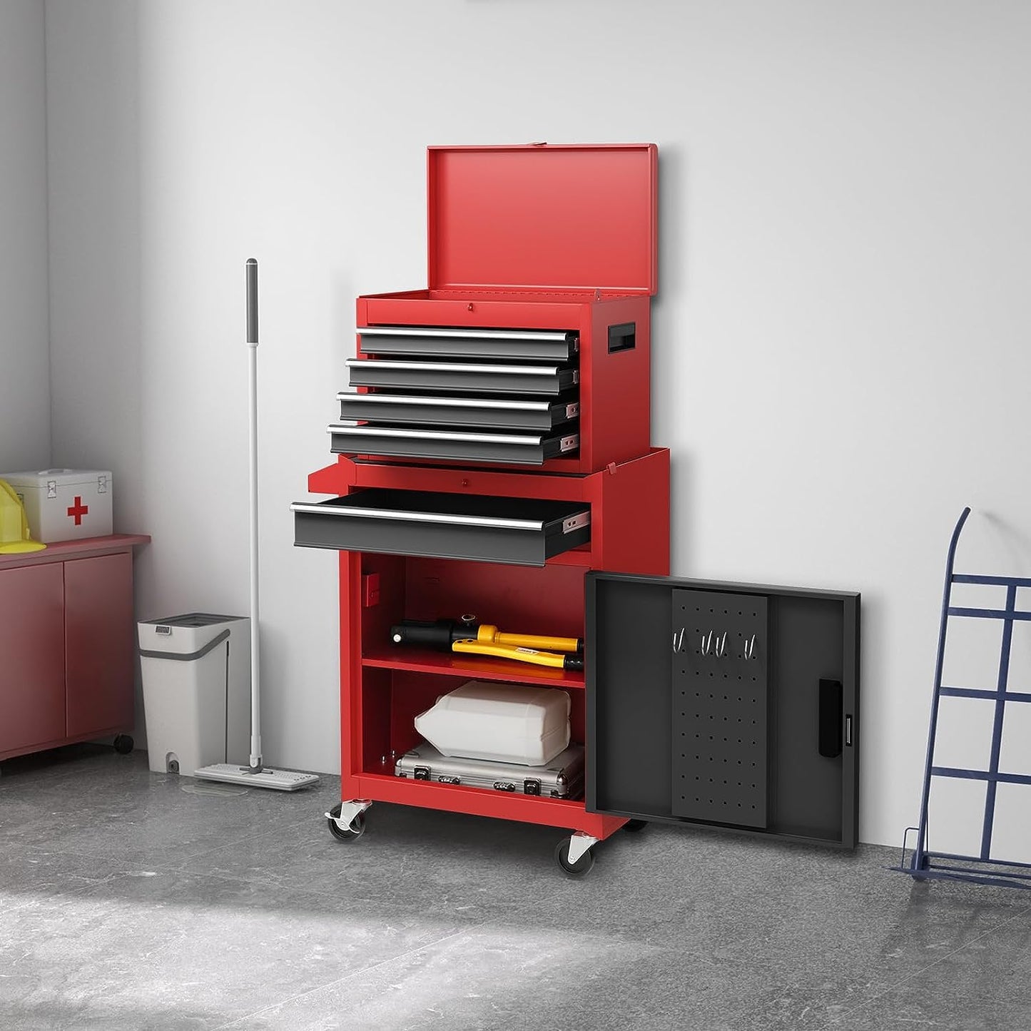 Rolling Tool Chest – 5 Drawer Tool Box – Lockable Wheels – Sliding Drawers – Detachable Top – Adjustable Shelf – Garage Workshop Storage Cabinet