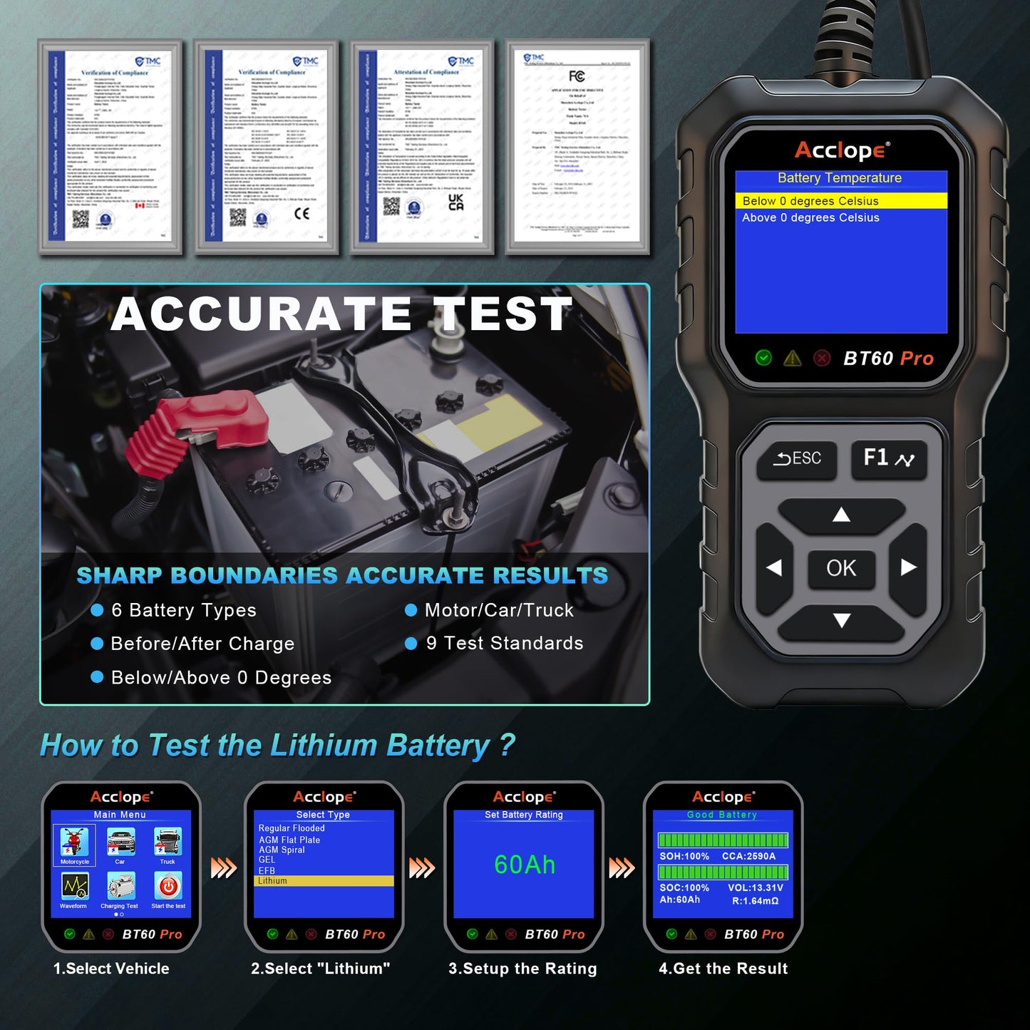 Car Battery Tester – 6V/12V/24V – 2–120Ah – 100–3000CCA – AGM Gel Lithium – Alternator Starter Charging System Analyzer – QR Cloud Report – Digital Checker