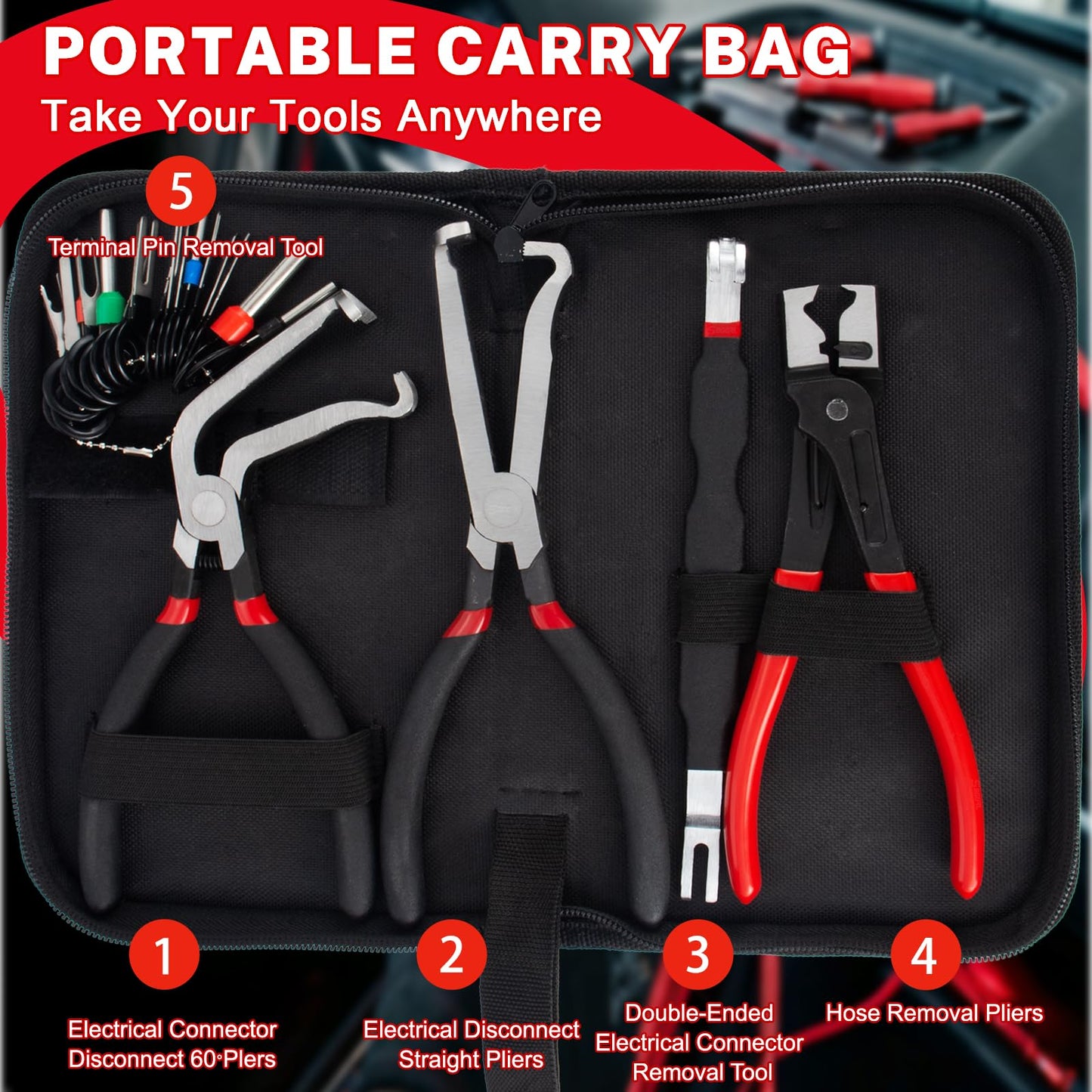 Electrical Disconnect Pliers Set – 5PCS Terminal Pin Removal Tool Kit – Auto Wire Connector & Clip Release Tools – Automotive Repair Kit – Storage Bag