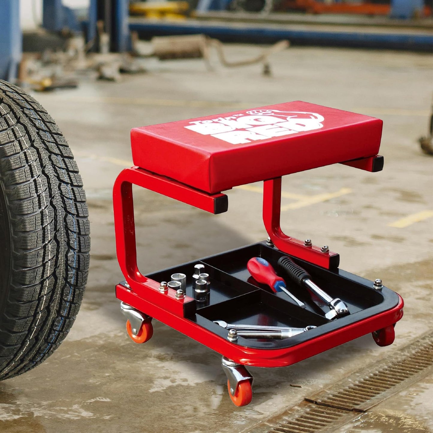 Mechanic Creeper Seat – Rolling Garage Stool – Padded Workshop Seat – Tool Tray Storage – Automotive Repair Shop Seat