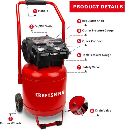 Air Compressor – 10 Gallon – 150 PSI Max – 1.8 HP – Oil-Free Portable Compressor – 4 CFM @ 90 PSI – 120V – Garage & Auto Repair Tool