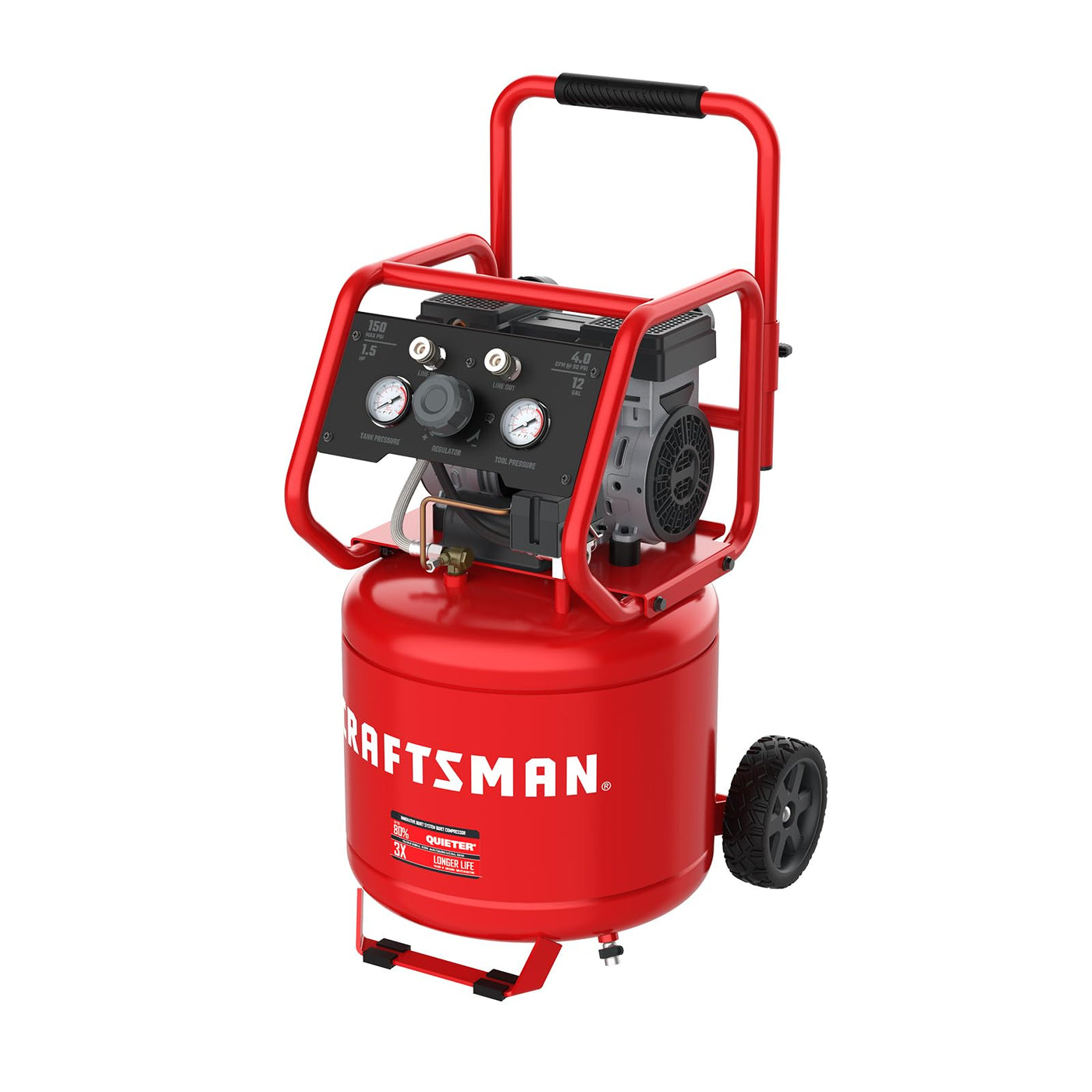 Air Compressor – 12 Gallon – Ultra Quiet – 1.5 HP – Oil-Free – Vertical Tank – 150 PSI Max – Portable Shop Compressor – Auto Repair Tool