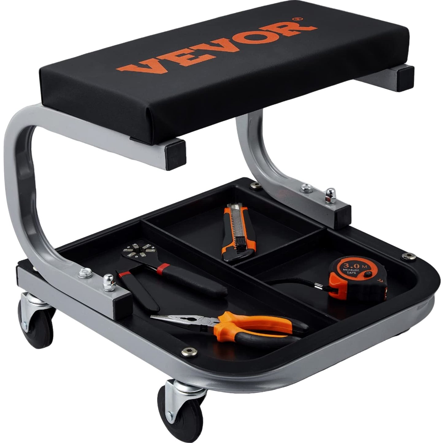 Rolling Creeper Seat – Garage Shop Stool – 250LB Capacity Padded Mechanic Seat – Tool Tray Storage – Automotive Repair Workshop Stool