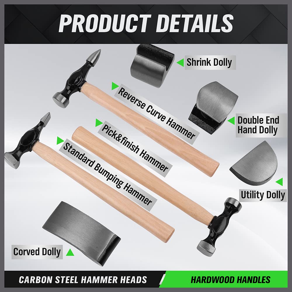 Auto Body Repair Kit – 7PCS Hammer & Dolly Set – Carbon Steel Dent Repair Tools – Car Body Fender Repair Tool Kit – Automotive Hand Tool Set