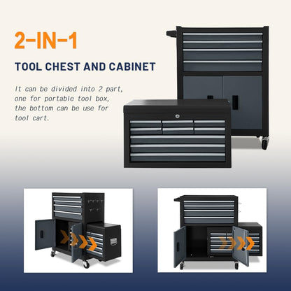 Rolling Tool Chest – 13 Drawer – 2-in-1 Detachable Cabinet – Metal Storage Toolbox – Lockable Wheels – Garage Workshop Tool Storage Cabinet