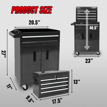 Rolling Tool Chest – 5 Drawer Metal Tool Box – Lockable Wheels – Removable Top Cabinet – Adjustable Shelf – Garage Workshop Storage Cabinet