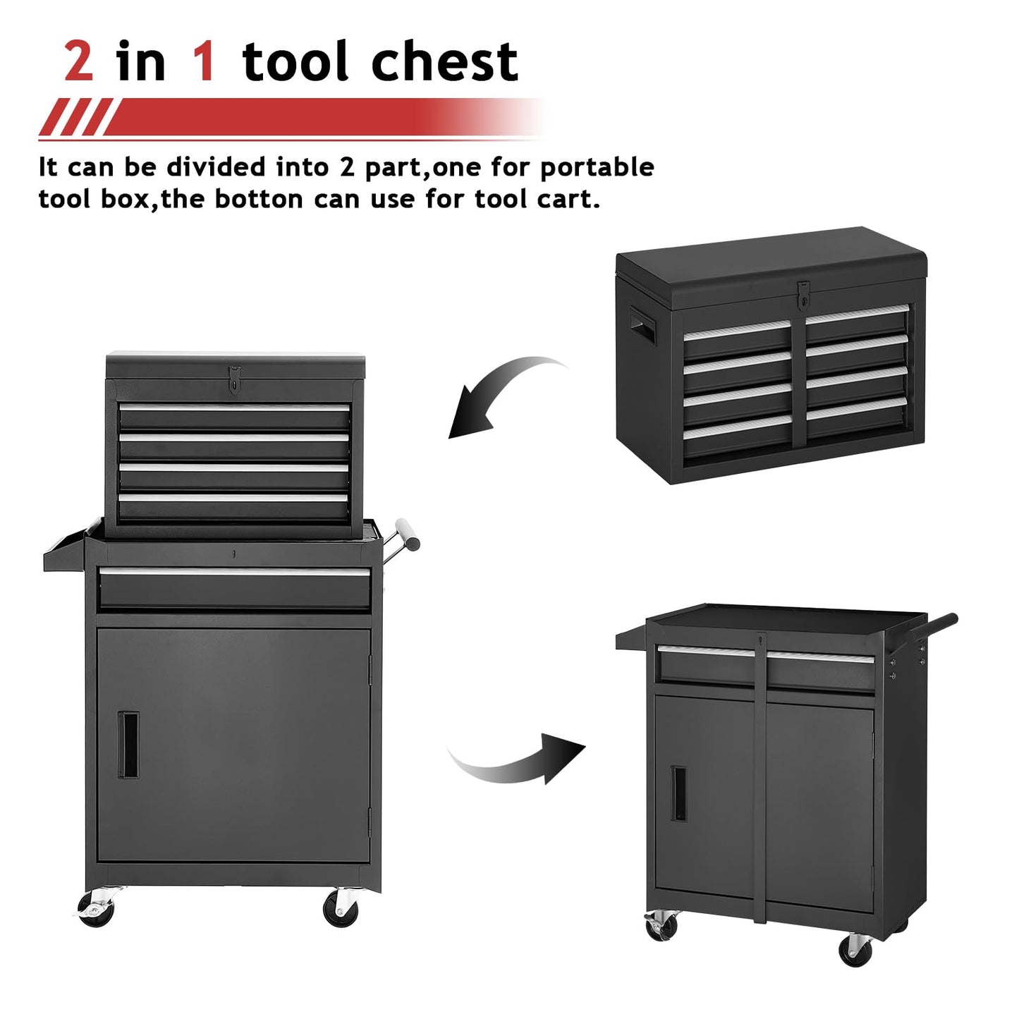 Rolling Tool Chest – 5 Drawer Metal Tool Cabinet – Detachable Top Box – Lockable Wheels – Garage Workshop Storage Cart – Tool Organizer