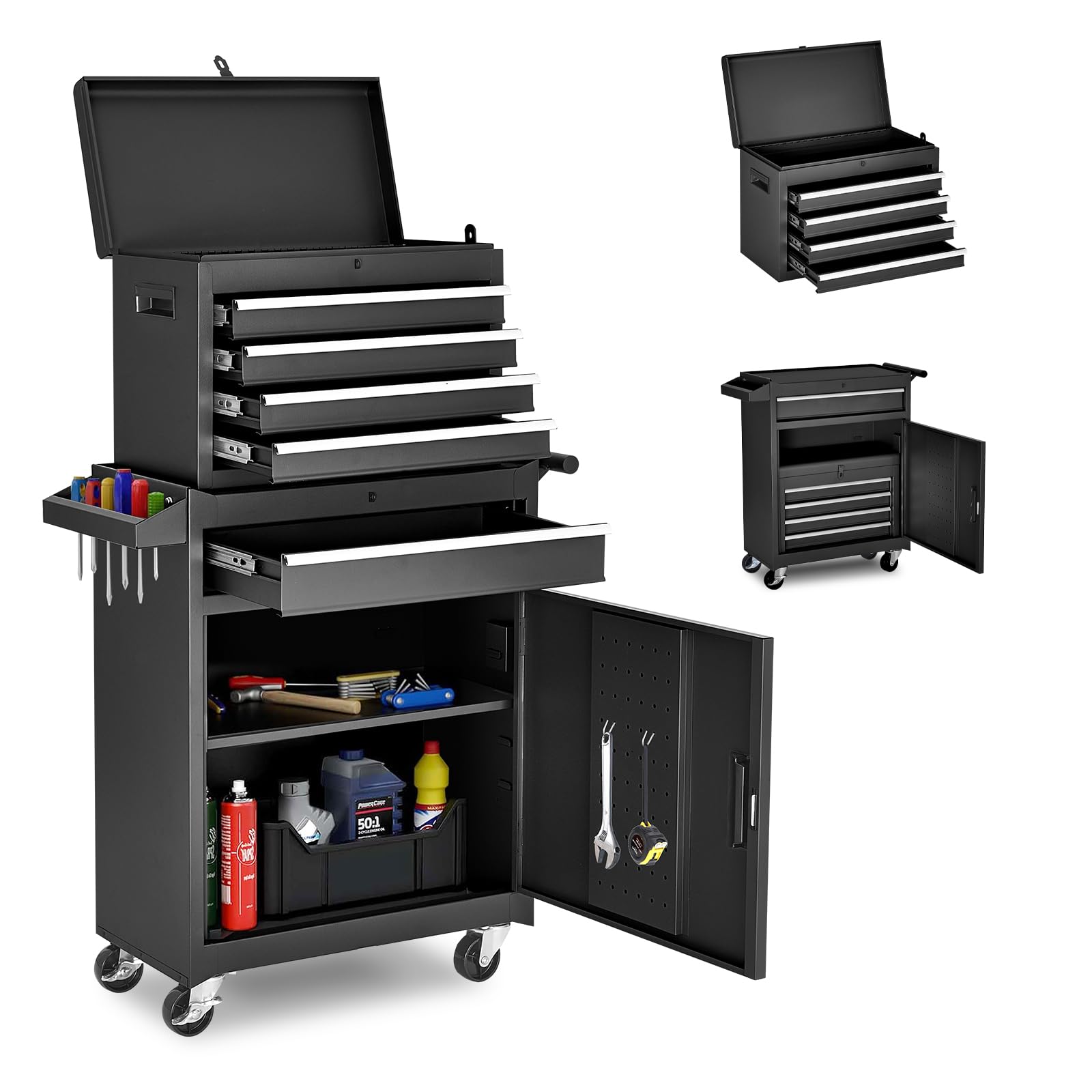 Rolling Tool Chest – 5 Drawer Metal Tool Cabinet – Detachable Top Box – Lockable Wheels – Garage Workshop Storage Cart – Tool Organizer