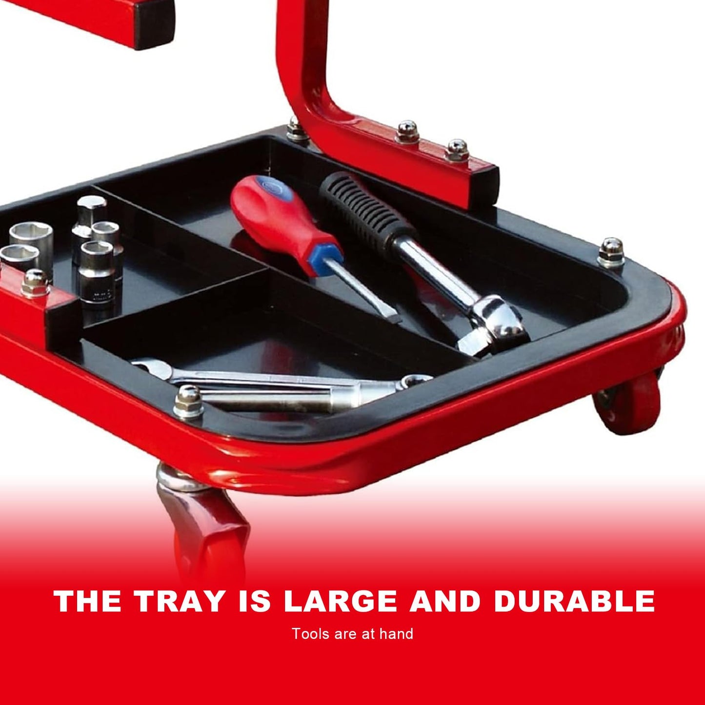 Mechanic Creeper Seat – Rolling Garage Stool – Padded Workshop Seat – Tool Tray Storage – Automotive Repair Shop Seat