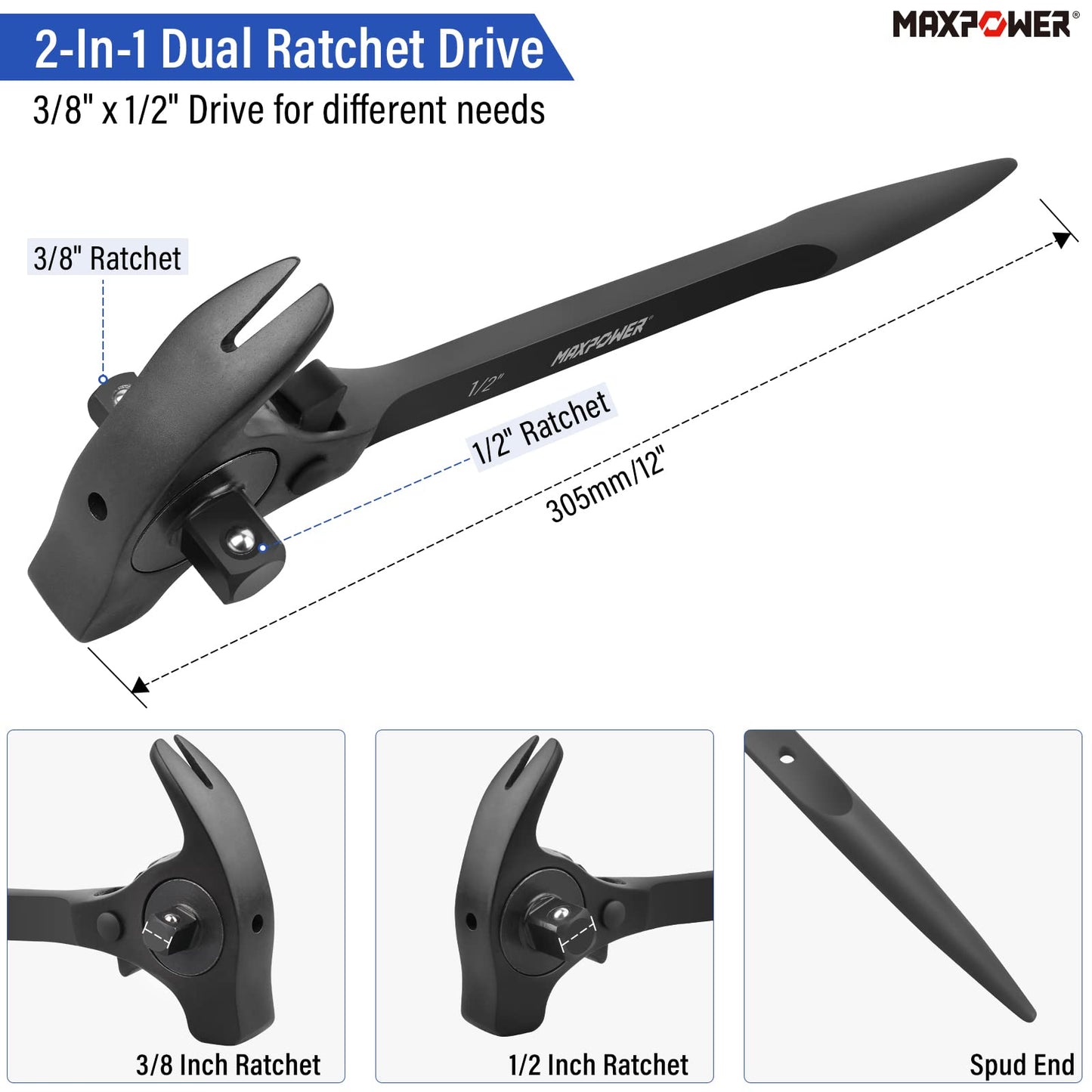 Scaffold Ratchet Wrench – 1/2" & 3/8" Drive – Podger Spanner – Multi-Function Pry Bar & Hammer Tool – Heavy Duty Construction Tool