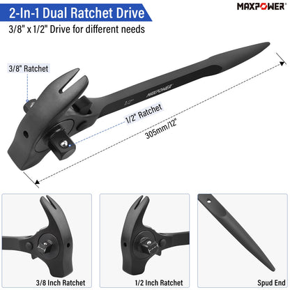 Scaffold Ratchet Wrench – 1/2" & 3/8" Drive – Podger Spanner – Multi-Function Pry Bar & Hammer Tool – Heavy Duty Construction Tool