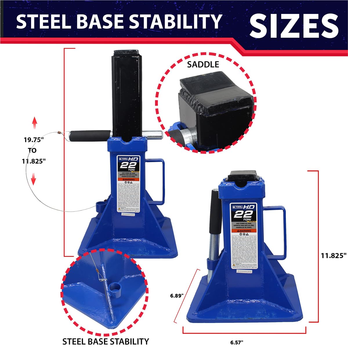 Jack Stands – 22 Ton Heavy Duty Pair – Pin Style Adjustable Stand – V Saddle Steel Frame – 11.8–19.7" Lift Range – Garage & Shop Support Stand