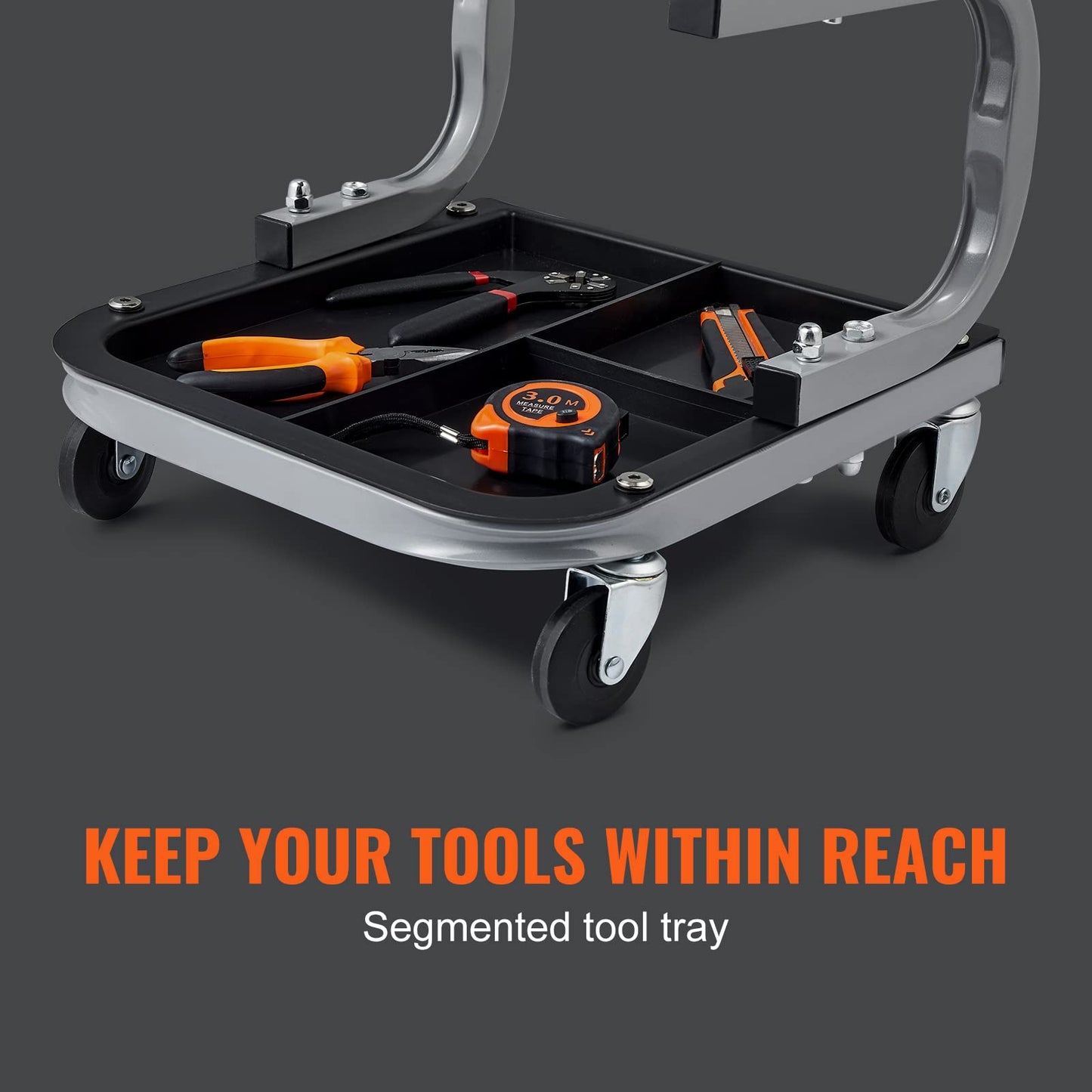 Rolling Creeper Seat – Garage Shop Stool – 250LB Capacity Padded Mechanic Seat – Tool Tray Storage – Automotive Repair Workshop Stool