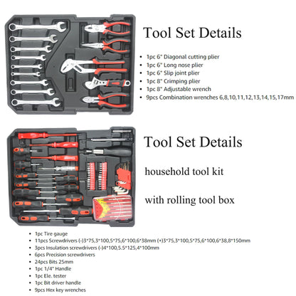 Household Tool Set – 899PCS Mechanics Toolbox – Complete Hand Tools Kit – Rolling Storage Case – Home & Auto Repair Kit