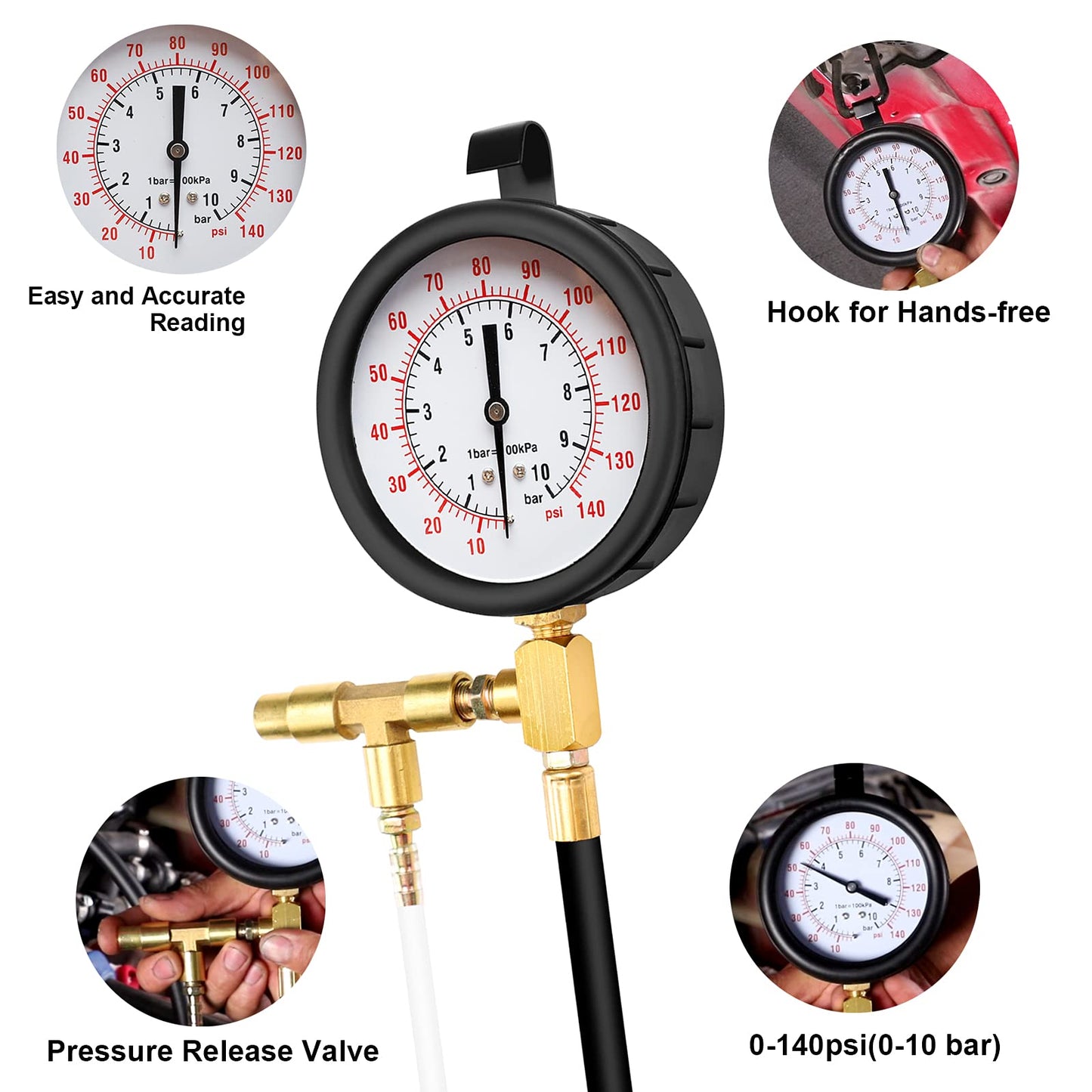 Fuel Injection Pressure Tester – 0-140 PSI – Automotive Fuel System Gauge – Engine Diagnostic Tool