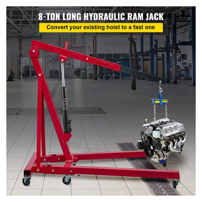 Hydraulic Engine Hoist Jack – 8 Ton Long Ram – Cherry Picker Lift Cylinder – Manual Pump Garage Shop Crane & Car Lifting Tool