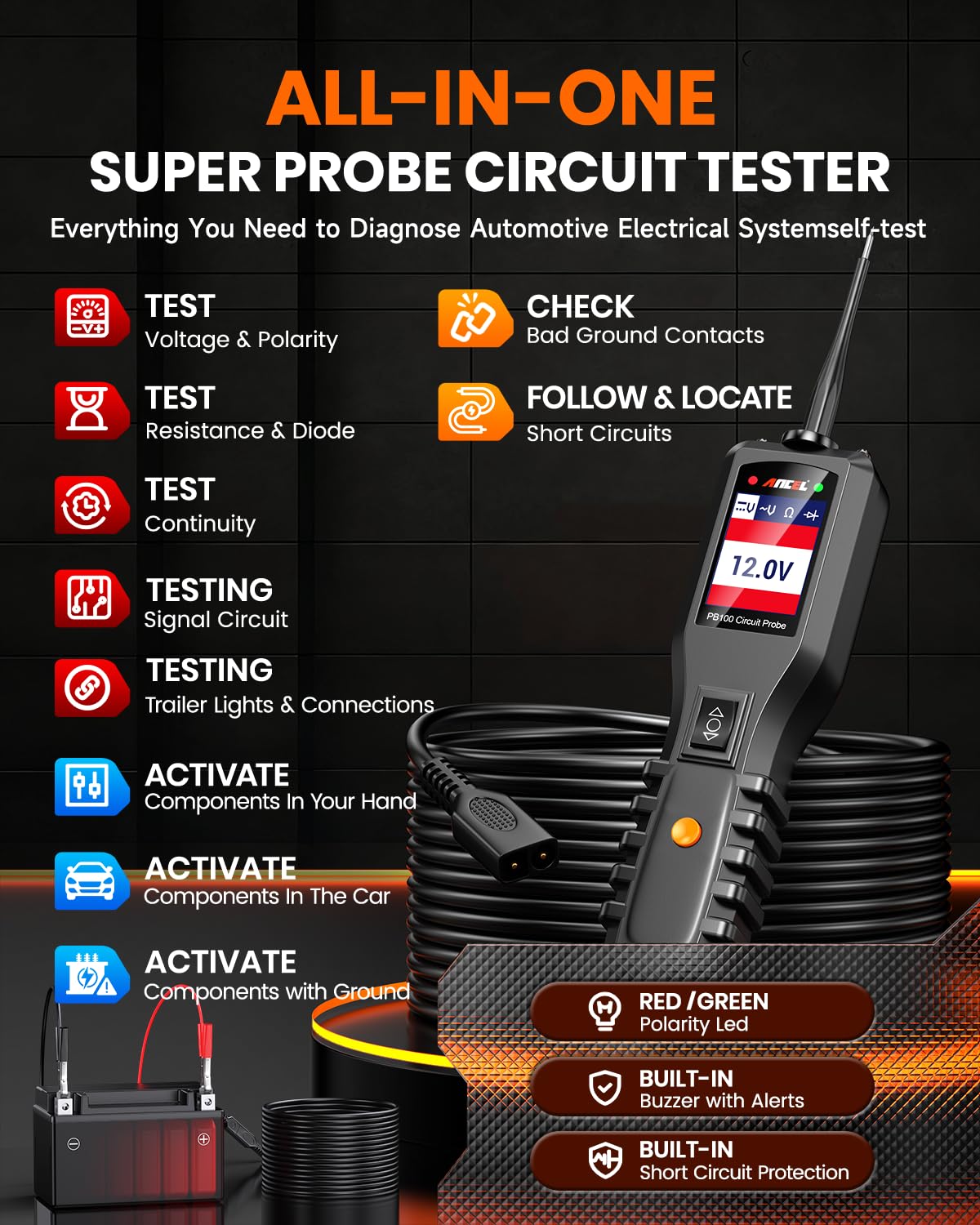 Car Circuit Tester & Heavy Duty Truck Scanner Kit – Automotive Electrical Test Tool – Vehicle Diagnostic Code Reader – System Scan & Live Data Tool