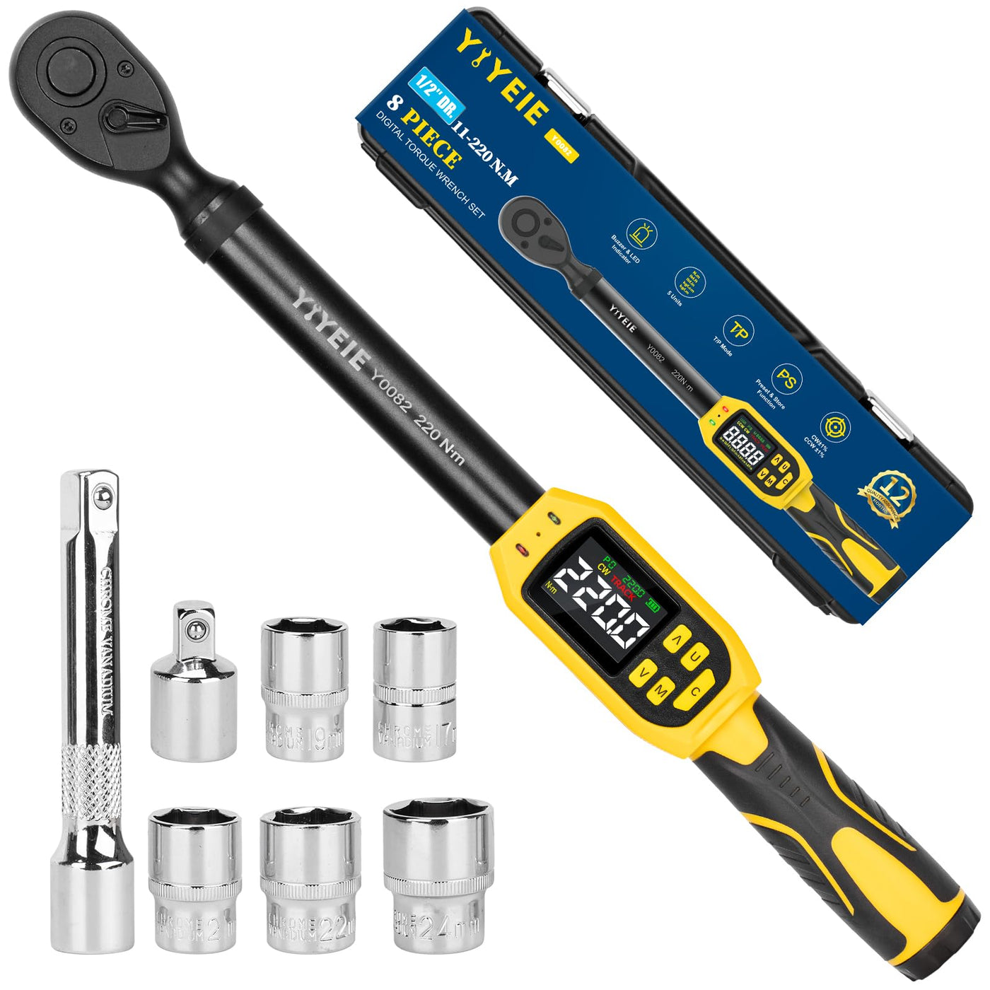 Digital Torque Wrench – 1/2" Drive – 8.5-160 ft-lb / 10-220 N·m – ±1% Accuracy – LED & Buzzer Alert – Socket Set – Automotive Repair Tool