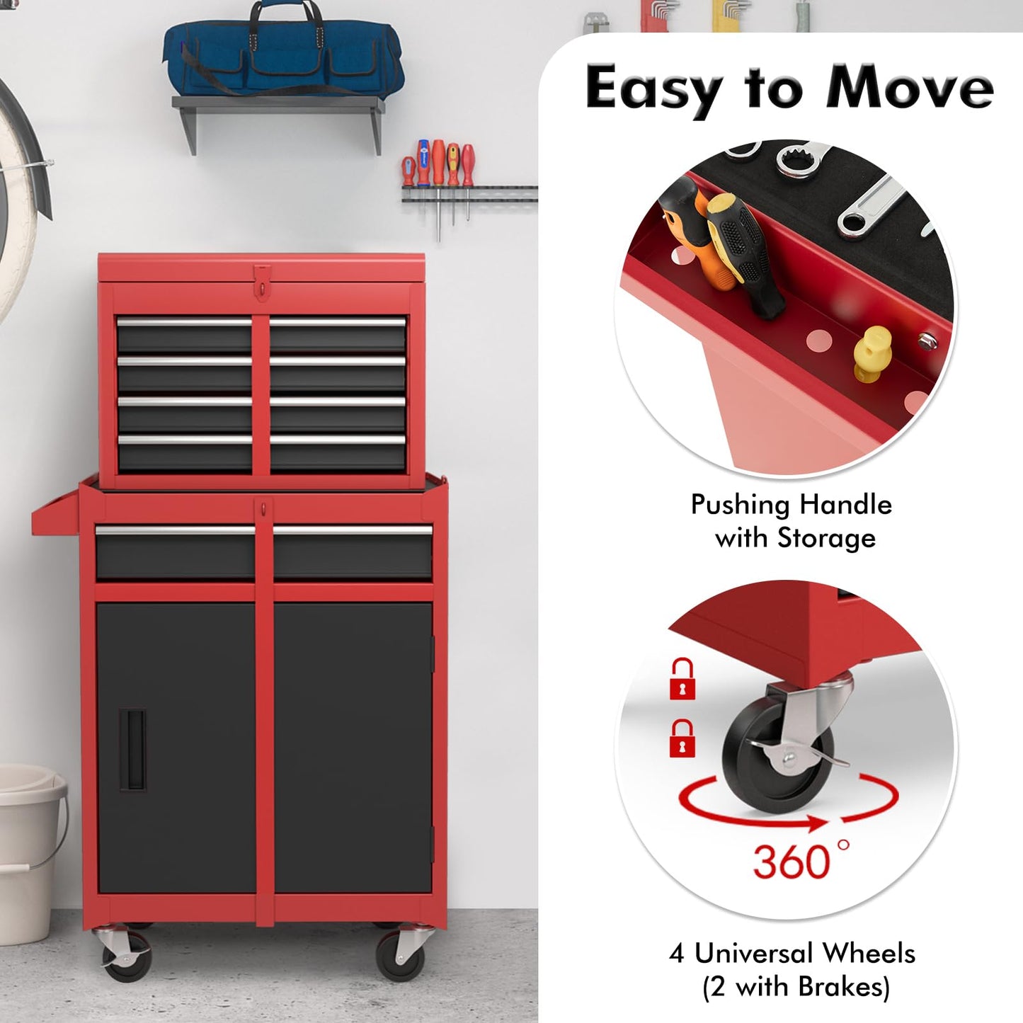 Rolling Tool Chest – 5 Drawer Tool Box – Lockable Wheels – Sliding Drawers – Detachable Top – Adjustable Shelf – Garage Workshop Storage Cabinet