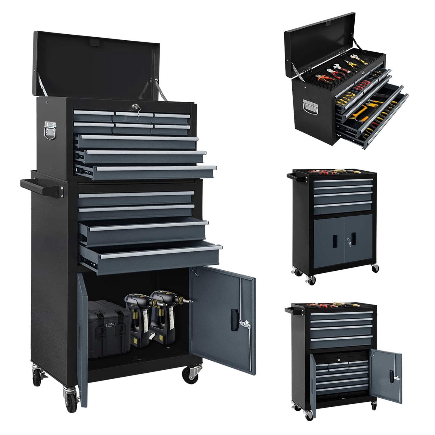 Rolling Tool Chest – 13 Drawer – 2-in-1 Detachable Cabinet – Metal Storage Toolbox – Lockable Wheels – Garage Workshop Tool Storage Cabinet