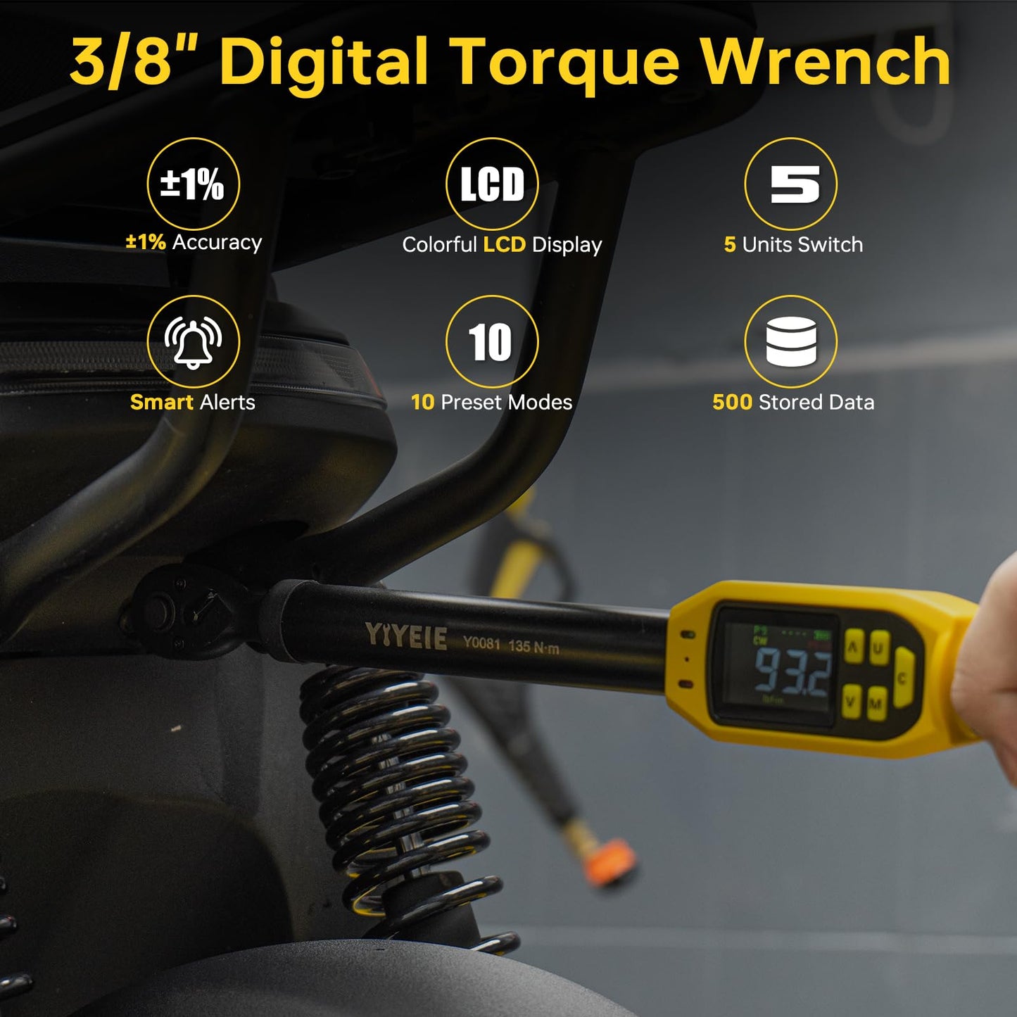Digital Torque Wrench – 3/8" Drive – 5-99.5 ft-lb – ±1% Accuracy – Smart Alert – Electric Torque Tool – Extension Bars – Automotive Repair