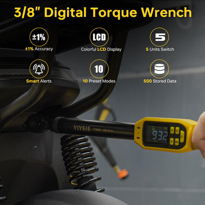 Digital Torque Wrench – 3/8" Drive – 5-99.5 ft-lb – ±1% Accuracy – Smart Alert – Electric Torque Tool – Extension Bars – Automotive Repair