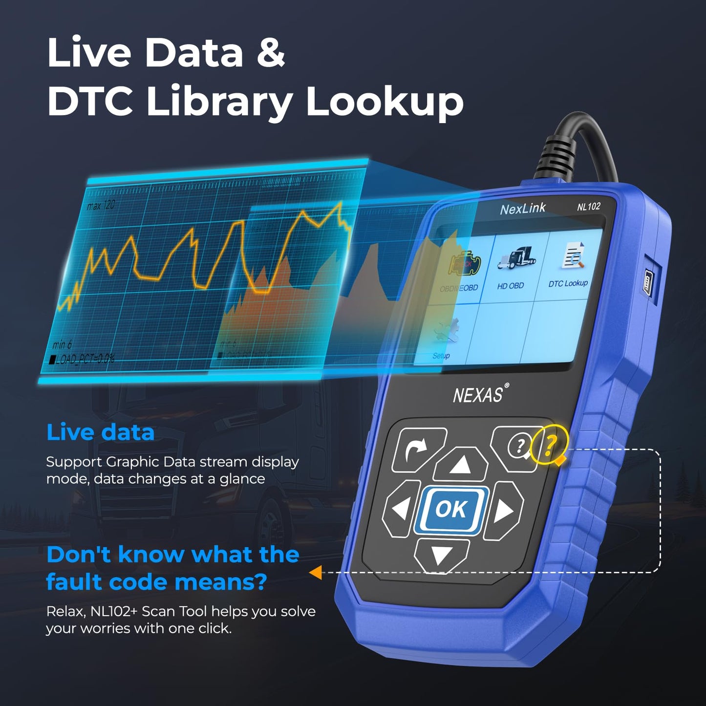 Heavy Duty Truck Diagnostic Scanner – Diesel Truck Code Reader – Live Data & DTC Lookup – J1939/J1708 Protocol – Cummins Freightliner Detroit PACCAR – Class 4-8 Trucks