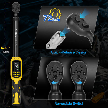 Digital Torque Wrench – 3/8" Drive – 5-99.5 ft-lb – ±1% Accuracy – Smart Alert – Electric Torque Tool – Extension Bars – Automotive Repair