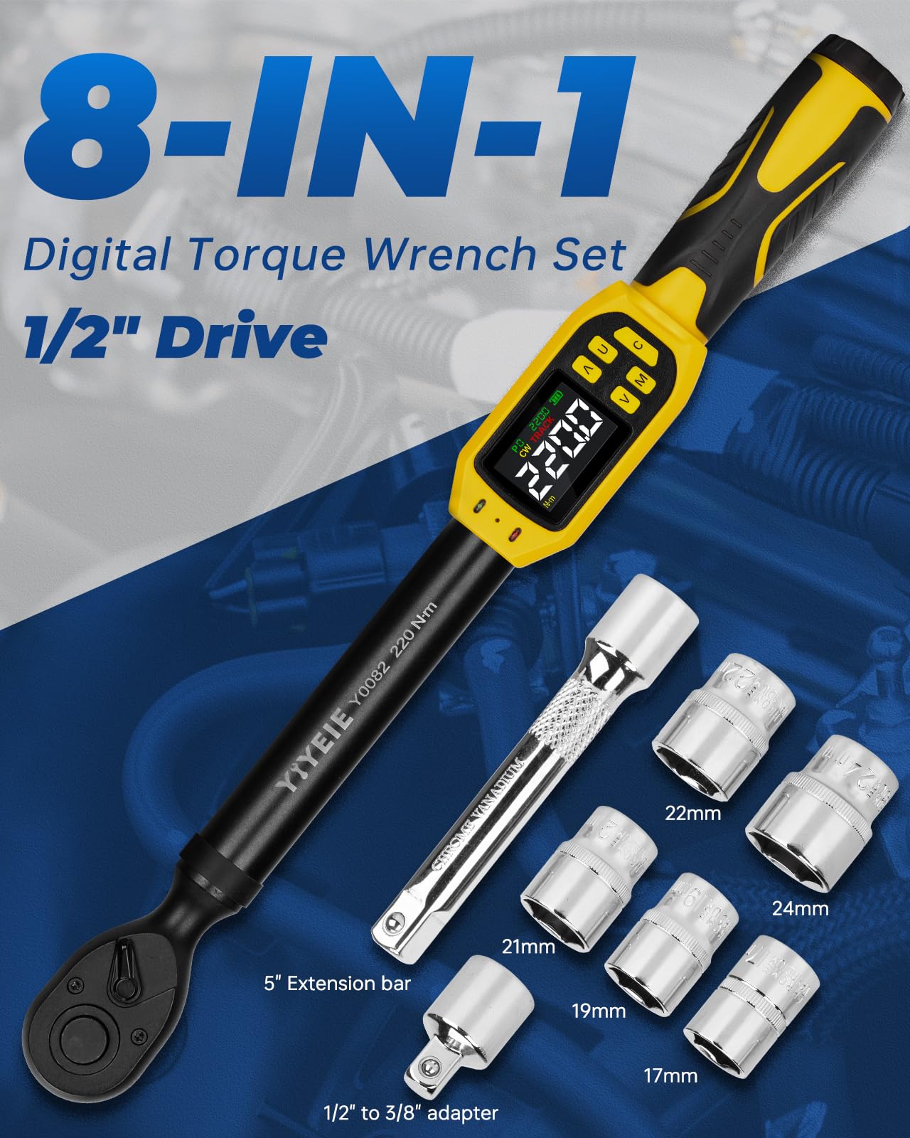 Digital Torque Wrench – 1/2" Drive – 8.5-160 ft-lb / 10-220 N·m – ±1% Accuracy – LED & Buzzer Alert – Socket Set – Automotive Repair Tool