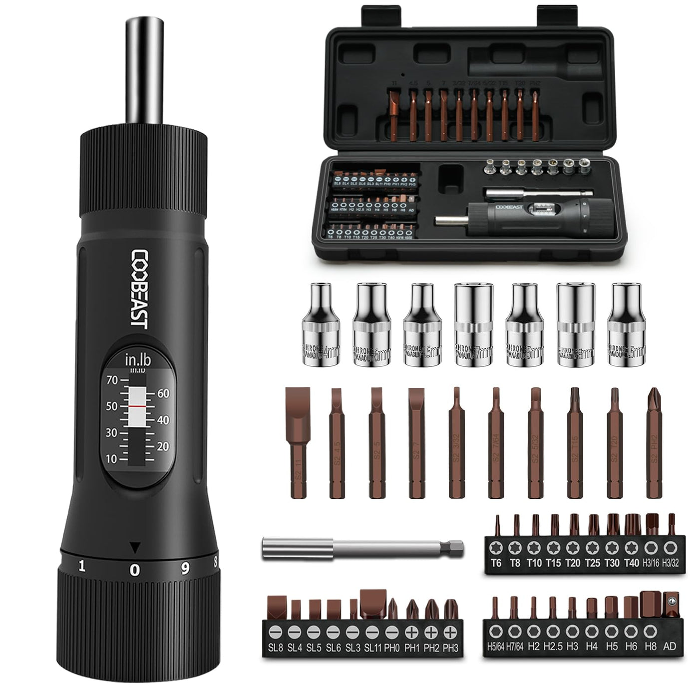 Torque Screwdriver Set – 10-70 in-lb – 49PCS S2 Bits & Sockets – 1/4” Drive – Precision Repair Tool Kit