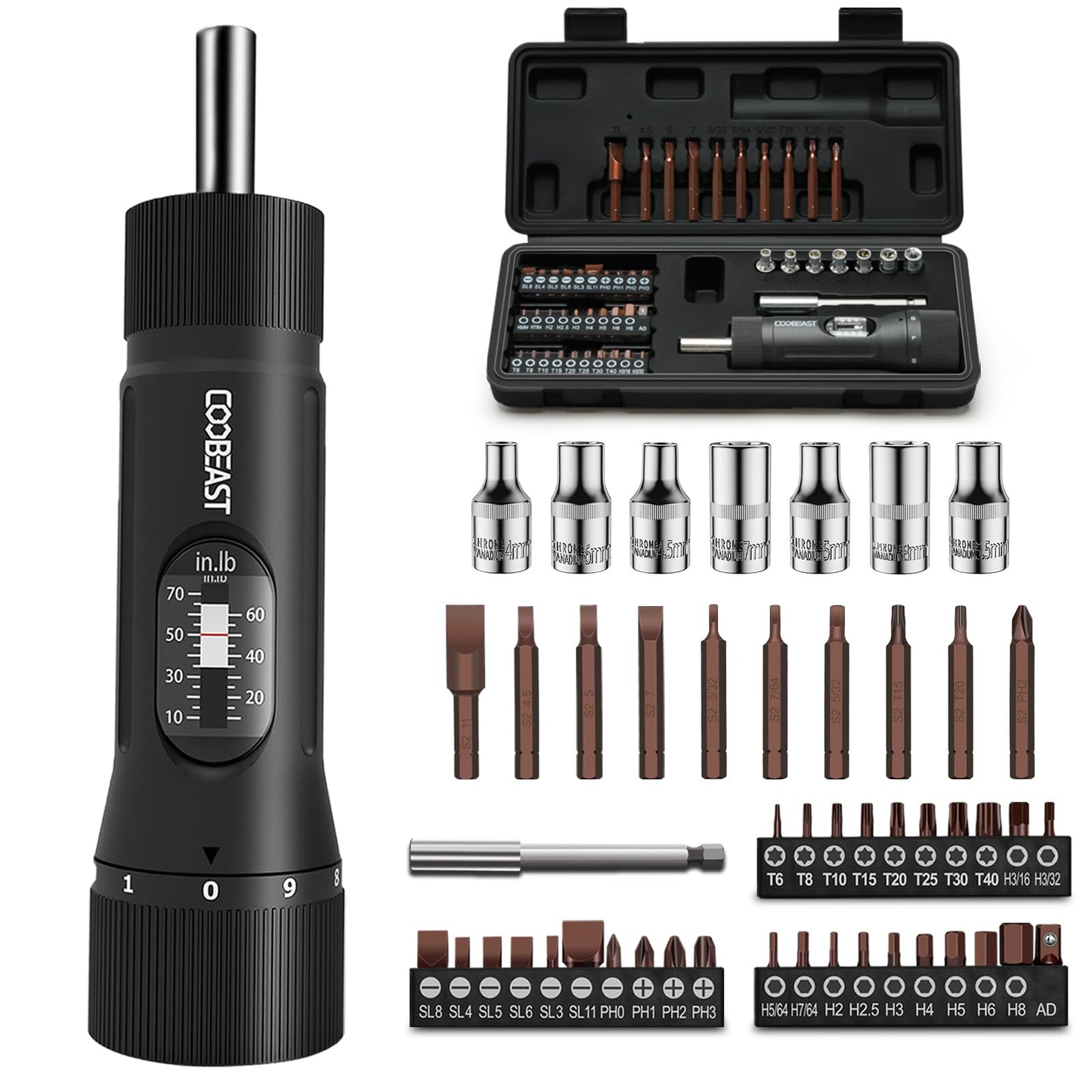 Torque Screwdriver Set – 10-70 in-lb – 49PCS S2 Bits & Sockets – 1/4” Drive – Precision Repair Tool Kit