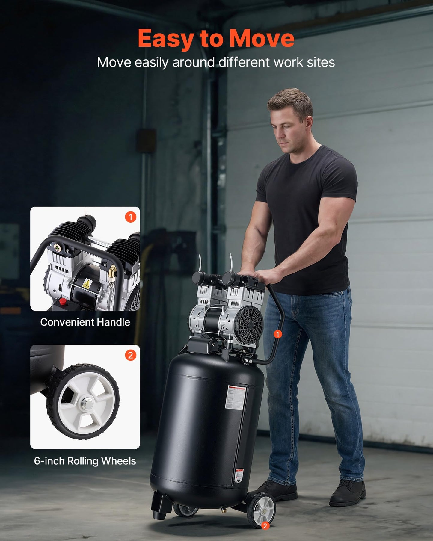Air Compressor – 20 Gallon – 2HP – 125 PSI Max – Oil-Free – Portable Wheel Compressor – 4.5 CFM @ 90 PSI – Auto Repair & Workshop Tool