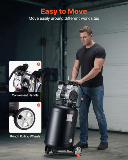 Air Compressor – 20 Gallon – 2HP – 125 PSI Max – Oil-Free – Portable Wheel Compressor – 4.5 CFM @ 90 PSI – Auto Repair & Workshop Tool