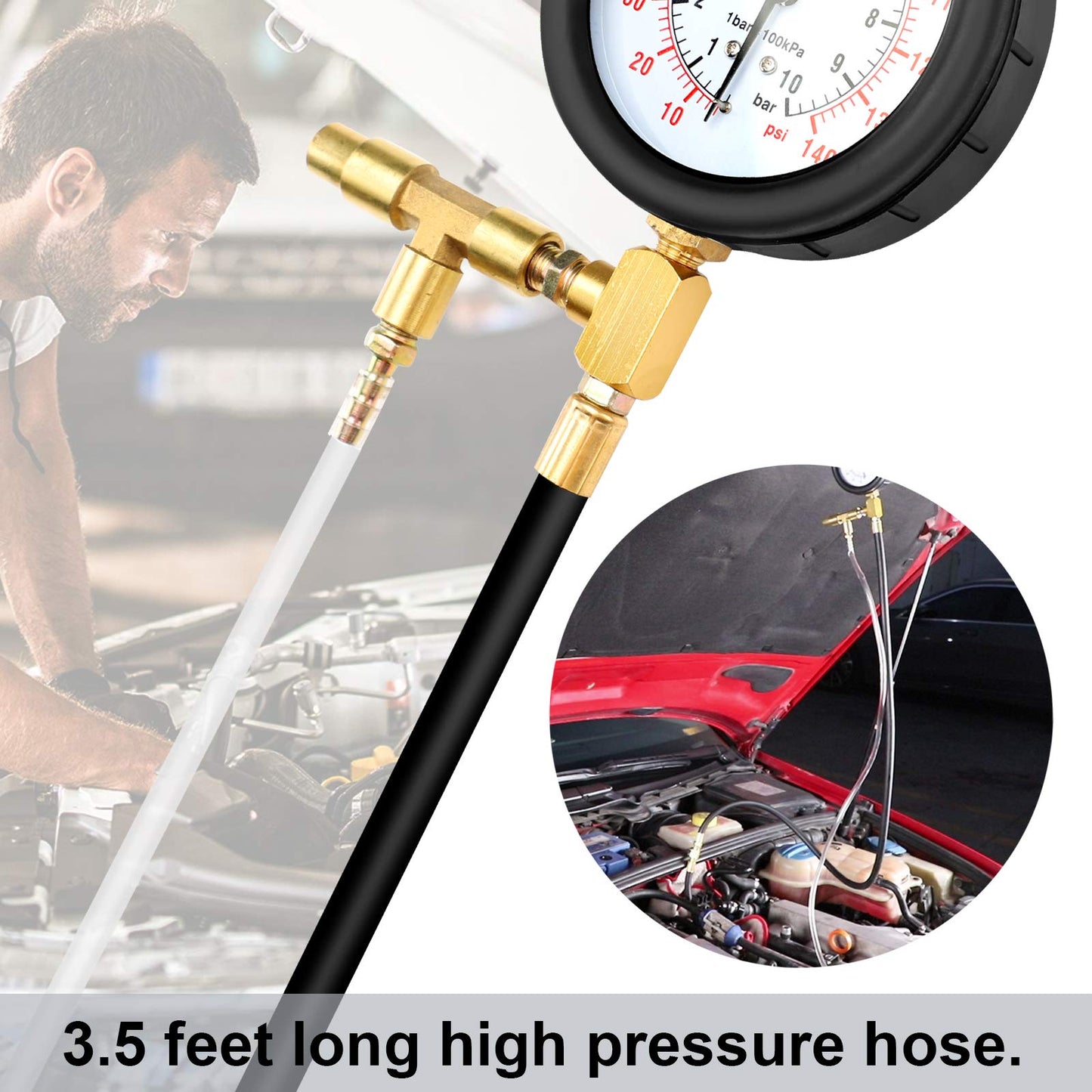 Fuel Injection Pressure Tester – 0-140 PSI – Automotive Fuel System Gauge – Engine Diagnostic Tool