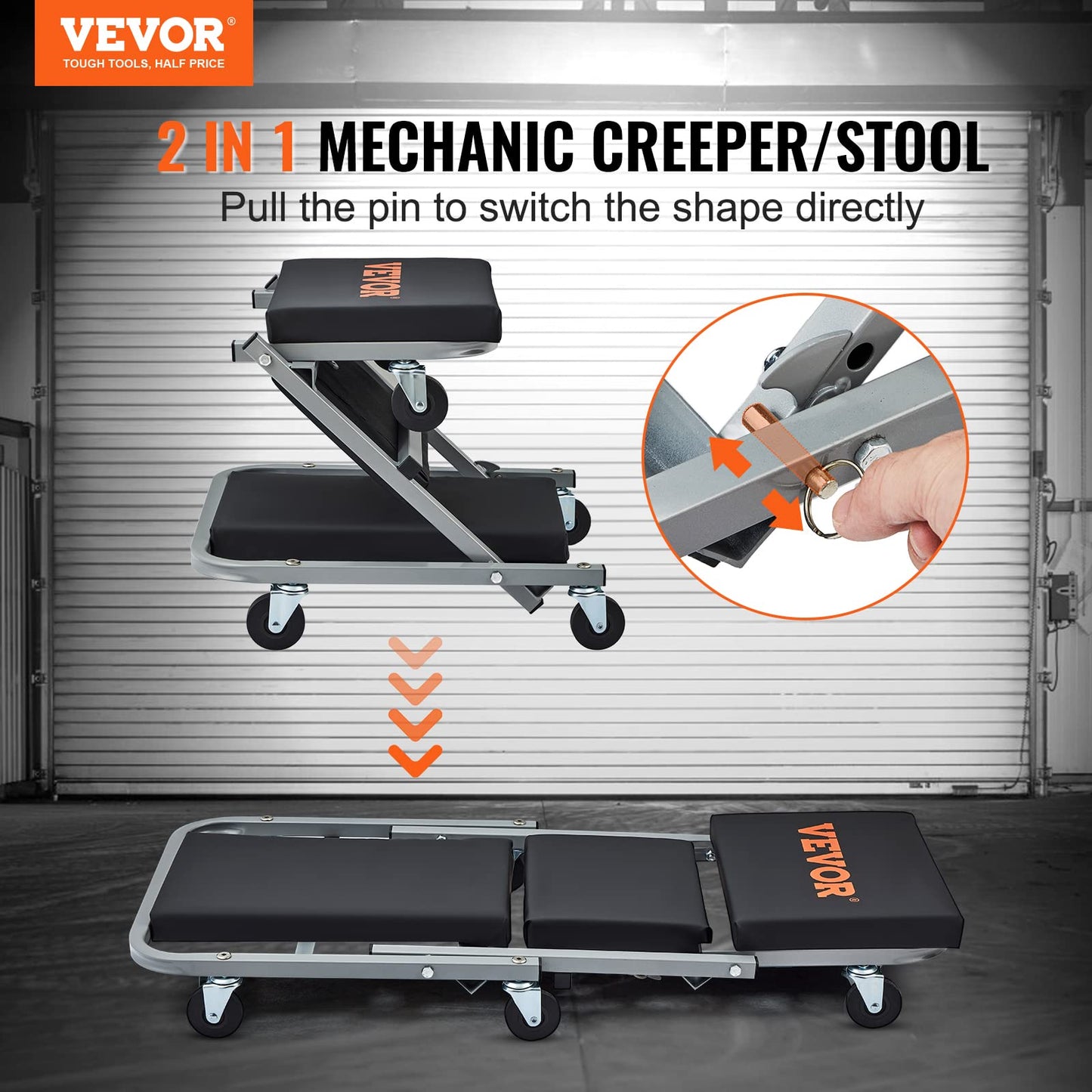 Z Creeper Seat – 2-in-1 Mechanic Creeper – 36" Low Profile Garage Seat – 300LB Capacity – Rolling Workshop Creeper – Automotive Repair Stool