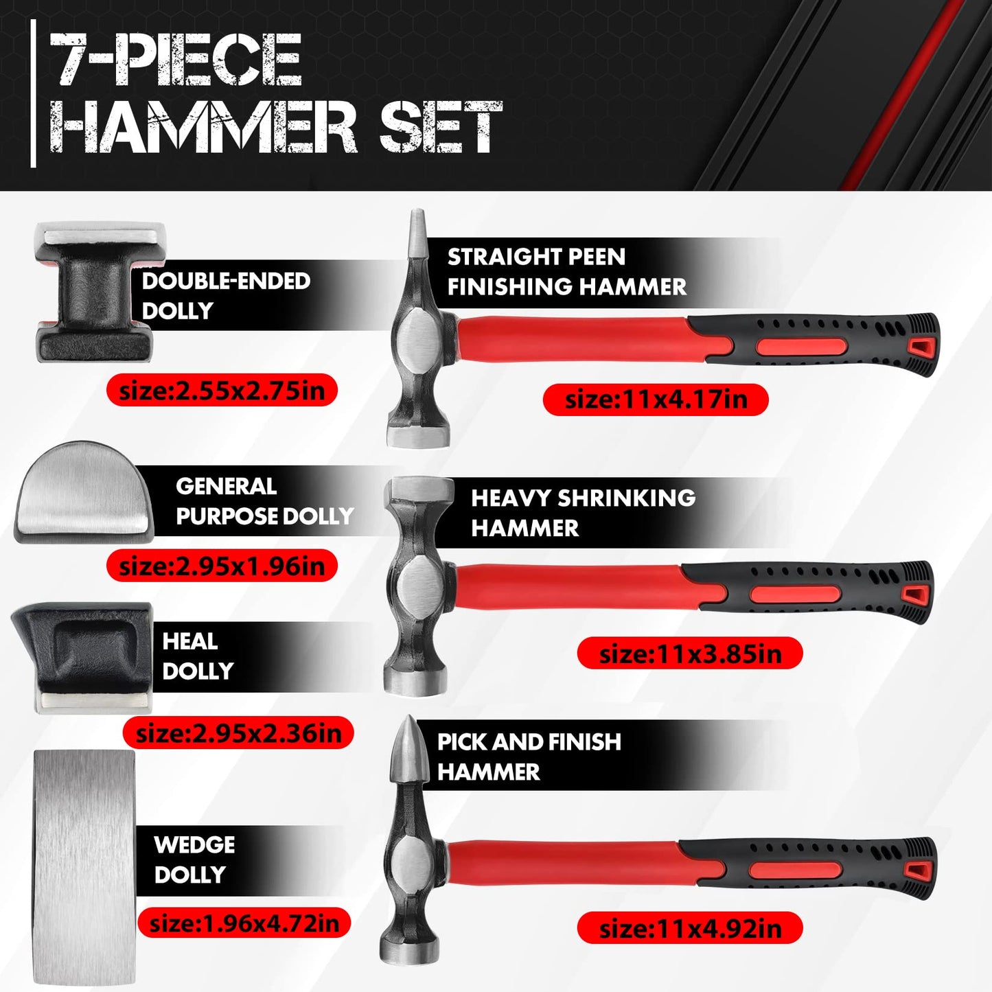 Body Repair Tool Set – 7PCS Hammer & Dolly Kit – Carbon Steel Dent Repair Tools – Car Fender & Panel Repair Kit – Automotive Bodywork Set – Carry Case