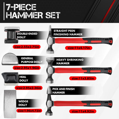Body Repair Tool Set – 7PCS Hammer & Dolly Kit – Carbon Steel Dent Repair Tools – Car Fender & Panel Repair Kit – Automotive Bodywork Set – Carry Case