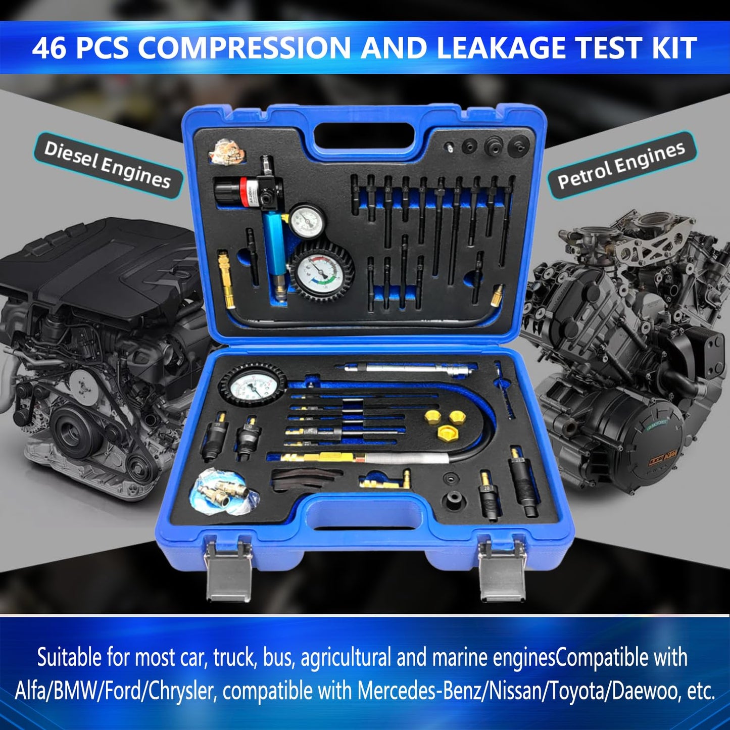 Engine Compression & Leak Down Tester Kit – 46PCS Dual Gauge Compression & Leakage Test Set – Petrol & Diesel Cylinder Diagnostic Tool – Automotive Engine Pressure Tester – HDI TDCi Pumpe Duse Compatible