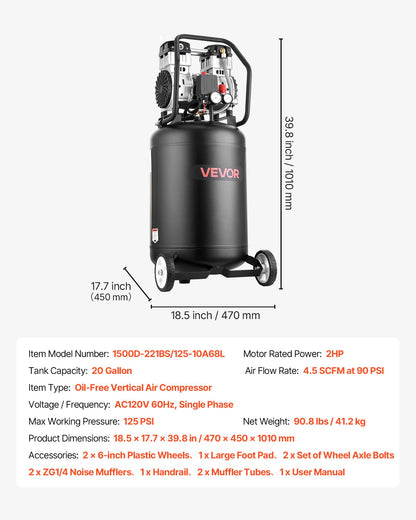Air Compressor – 20 Gallon – 2HP – 125 PSI Max – Oil-Free – Portable Wheel Compressor – 4.5 CFM @ 90 PSI – Auto Repair & Workshop Tool
