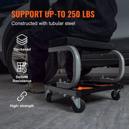 Rolling Creeper Seat – Garage Shop Stool – 250LB Capacity Padded Mechanic Seat – Tool Tray Storage – Automotive Repair Workshop Stool