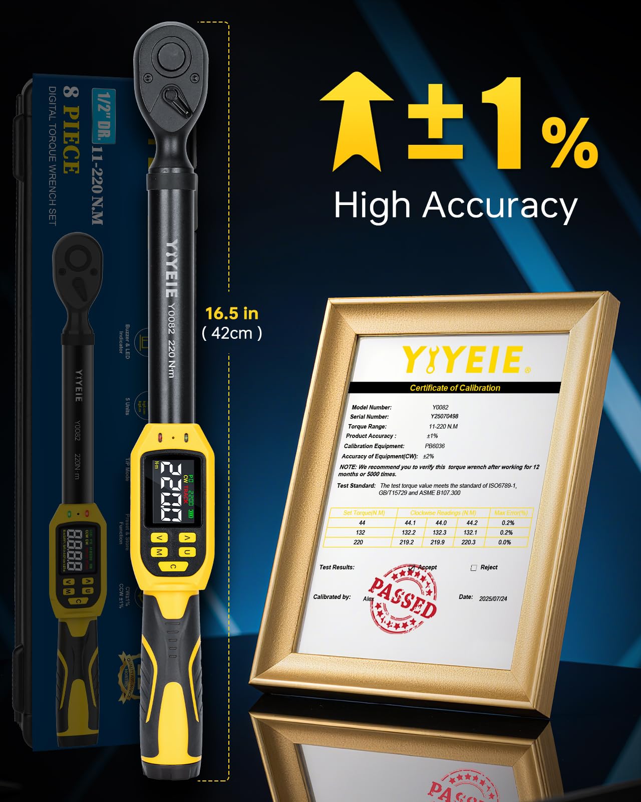 Digital Torque Wrench – 1/2" Drive – 8.5-160 ft-lb / 10-220 N·m – ±1% Accuracy – LED & Buzzer Alert – Socket Set – Automotive Repair Tool