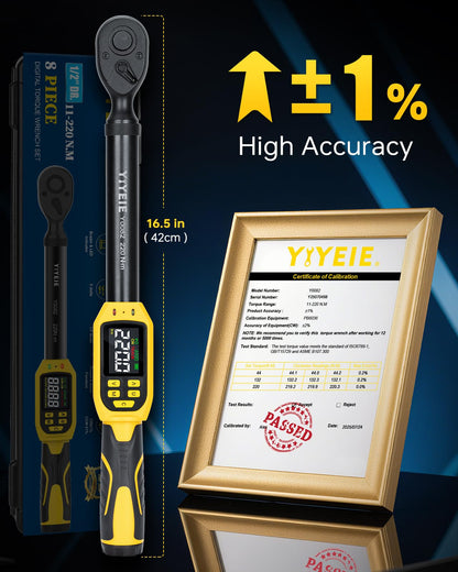 Digital Torque Wrench – 1/2" Drive – 8.5-160 ft-lb / 10-220 N·m – ±1% Accuracy – LED & Buzzer Alert – Socket Set – Automotive Repair Tool