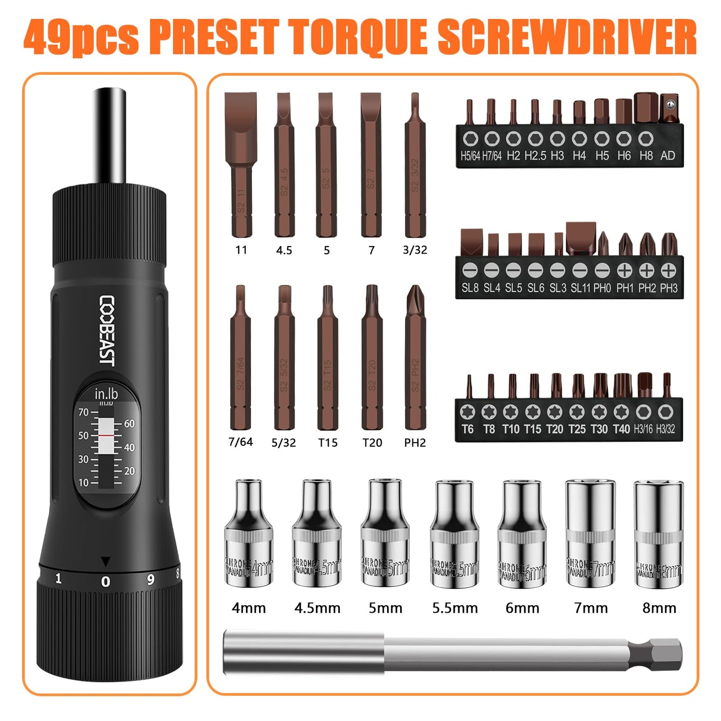 Torque Screwdriver Set – 10-70 in-lb – 49PCS S2 Bits & Sockets – 1/4” Drive – Precision Repair Tool Kit