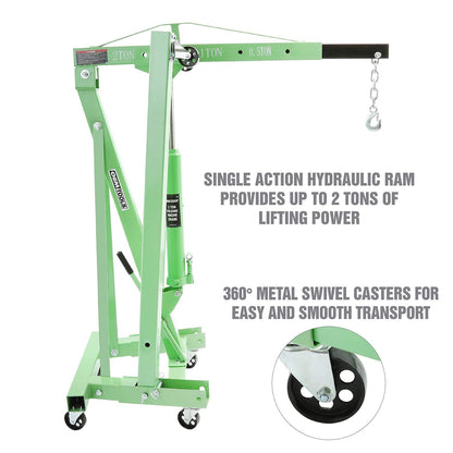 Engine Hoist – 2 Ton Foldable Cherry Picker Crane – Adjustable Boom – 4 Wheel Steel Caster Lift – Garage Engine Removal & Transport Tool
