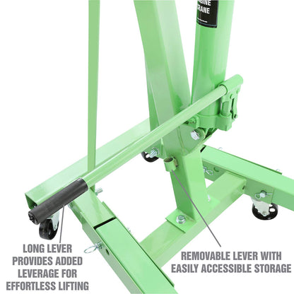 Engine Hoist – 2 Ton Foldable Cherry Picker Crane – Adjustable Boom – 4 Wheel Steel Caster Lift – Garage Engine Removal & Transport Tool