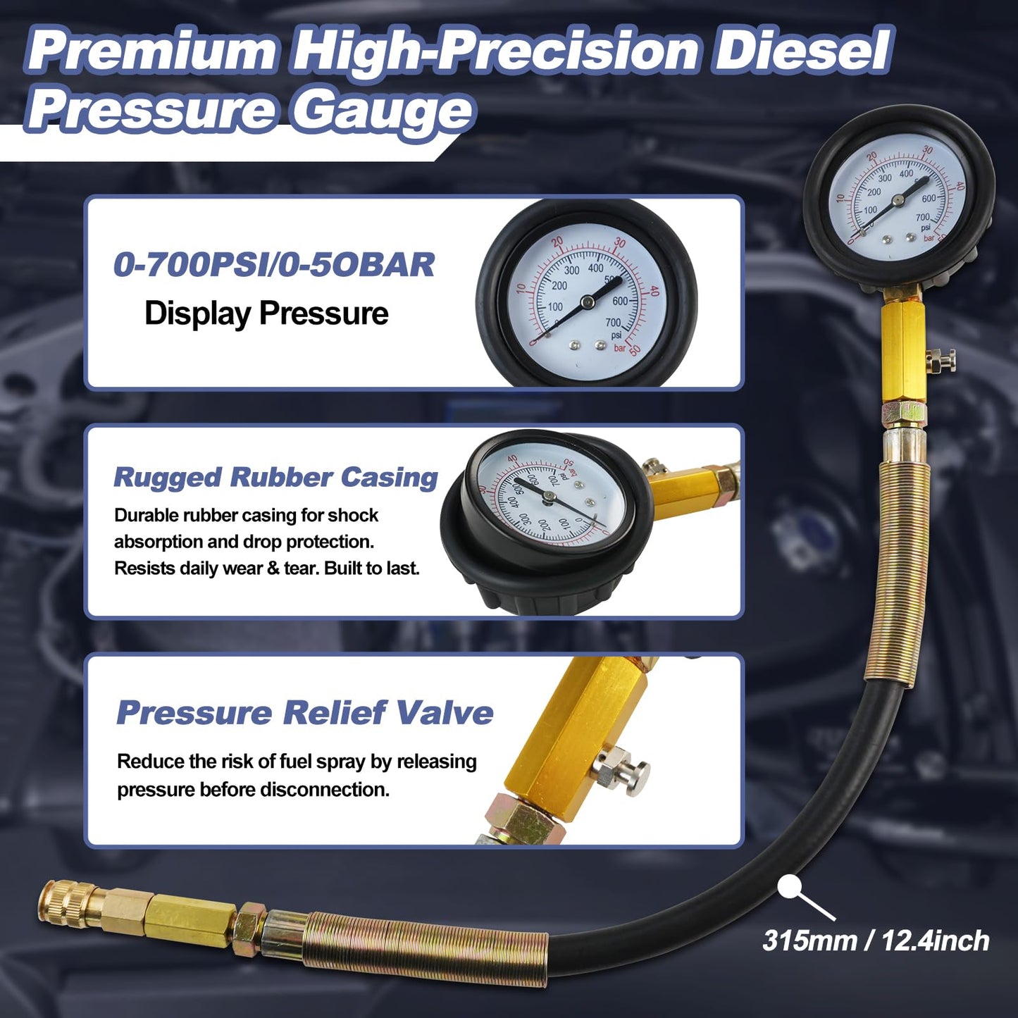 Engine Compression & Leak Down Tester Kit – 47PCS Dual Gauge Compression Tester – Petrol & Diesel Cylinder Leak Test Tool – Automotive Engine Diagnostic Set – HDI TDCi Pumpe Duse Compatible